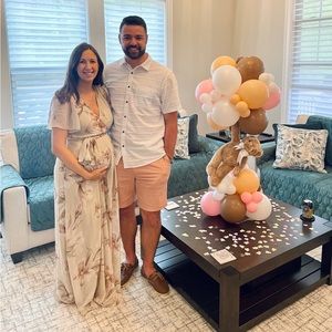 PinkBlush Beige Floral Chiffon Wrap Front Short Sleeve Maternity Dress